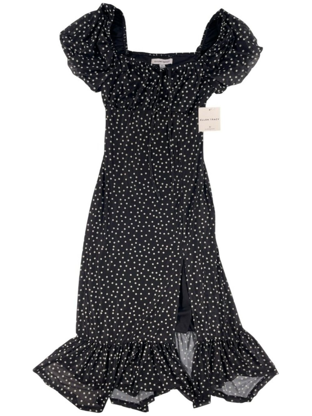 Ellen Tracy Dress Polka Dot Midi With Puff Sleeves & Ruffled Hem Size XS NEW
